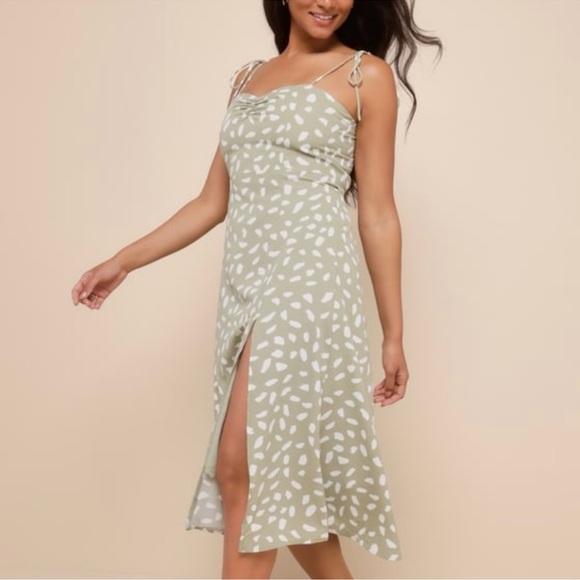 Party in Paris Sage Green Print Tie-Strap Summer Midi Dress - Picture 3 of 6